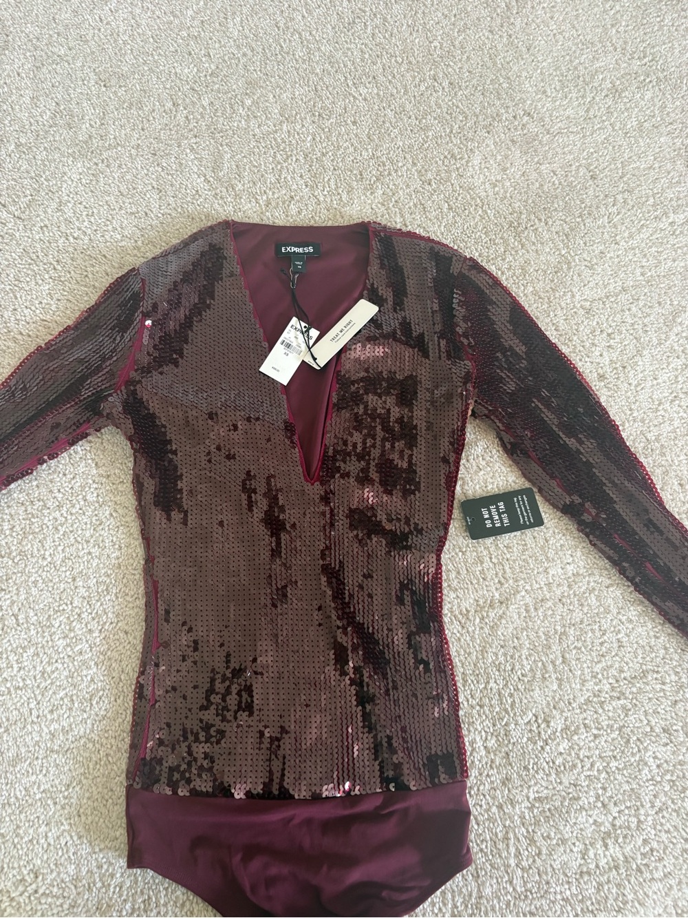 Express Women's Burgundy Sequin V-Neck Bodysuit